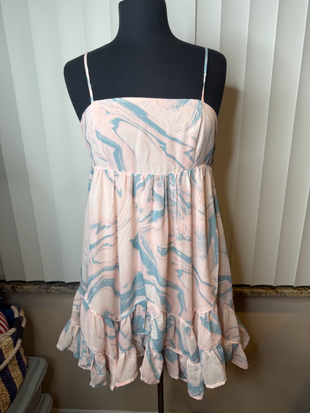 Anthropologie Storia Marble Print Ruffle Adjustable Straps Mini Dress Medium